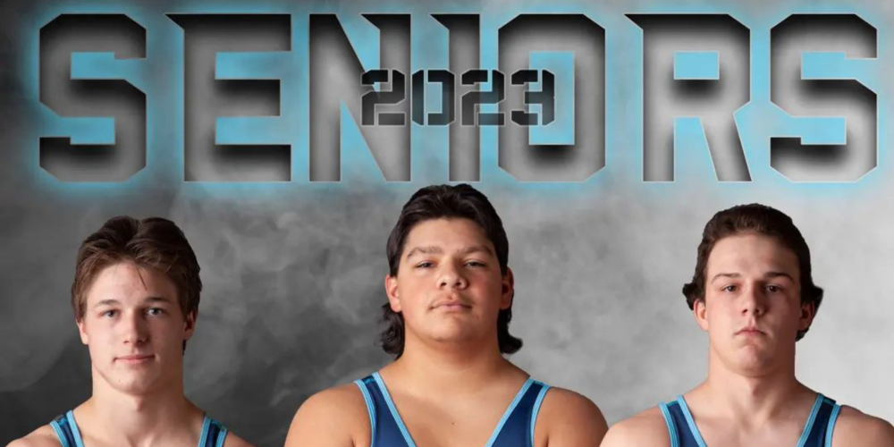 The heading "Seniors 2023" over the three senior wrestlers