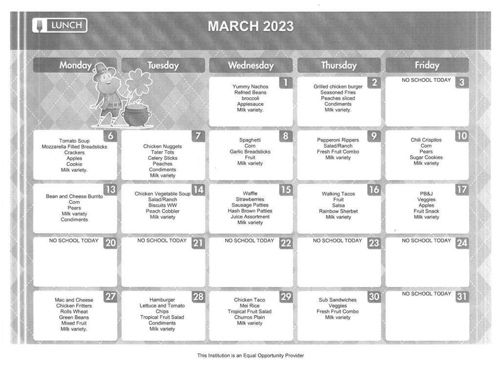 March 2023 Lunch Menu
